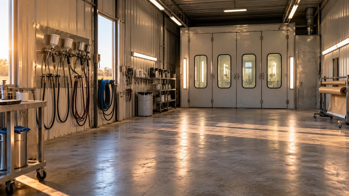 The inside of a quiet paint shop bay with clean spray equipment hung on the wall and an empty swept floor