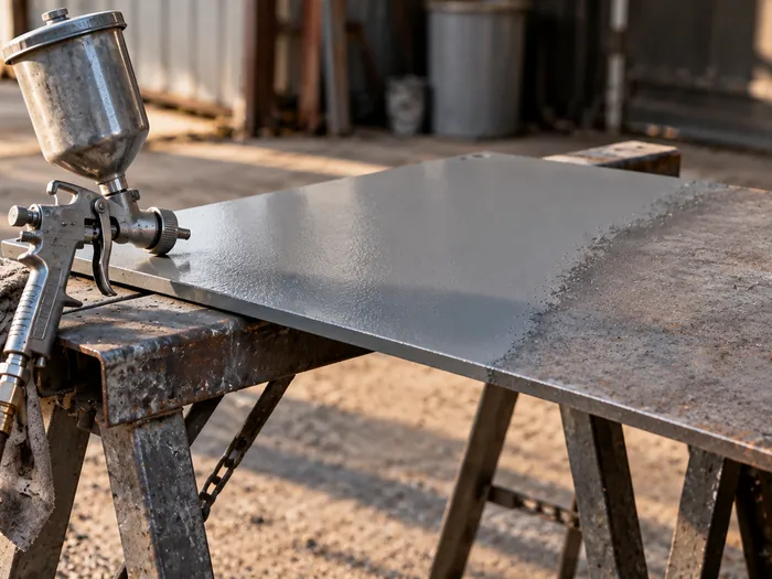 Close detail of a spray gun on a sawhorse beside a steel plate, with a sharp line where fresh gray paint meets blasted bare metal