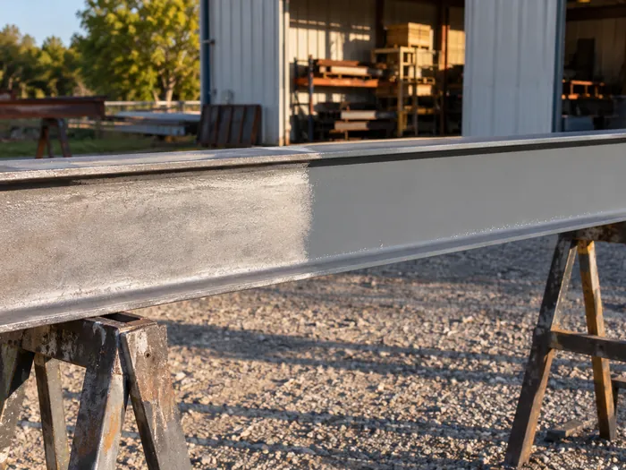 A steel beam on sawhorses, blasted to bare metal along one half and coated in fresh gray paint along the other half