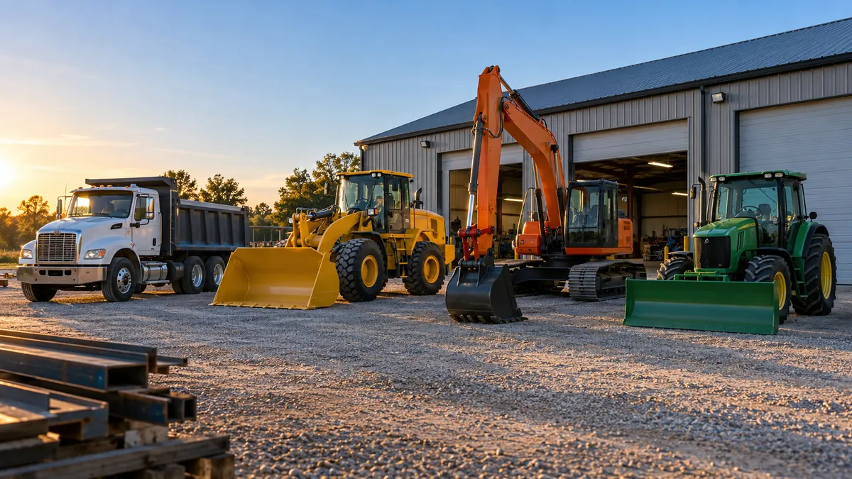Wide view of a gravel yard with freshly painted heavy equipment lined up in front of a steel shop building under a clear sky