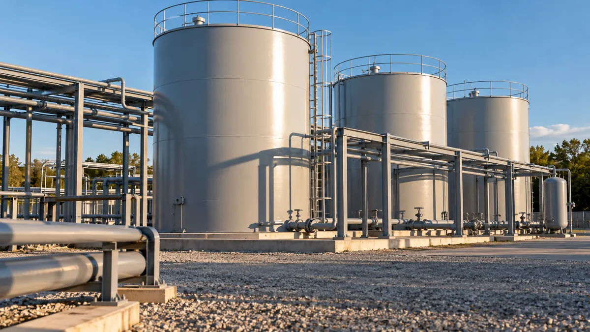 A finished industrial site with freshly coated steel storage tanks and matching painted pipe racks in afternoon light